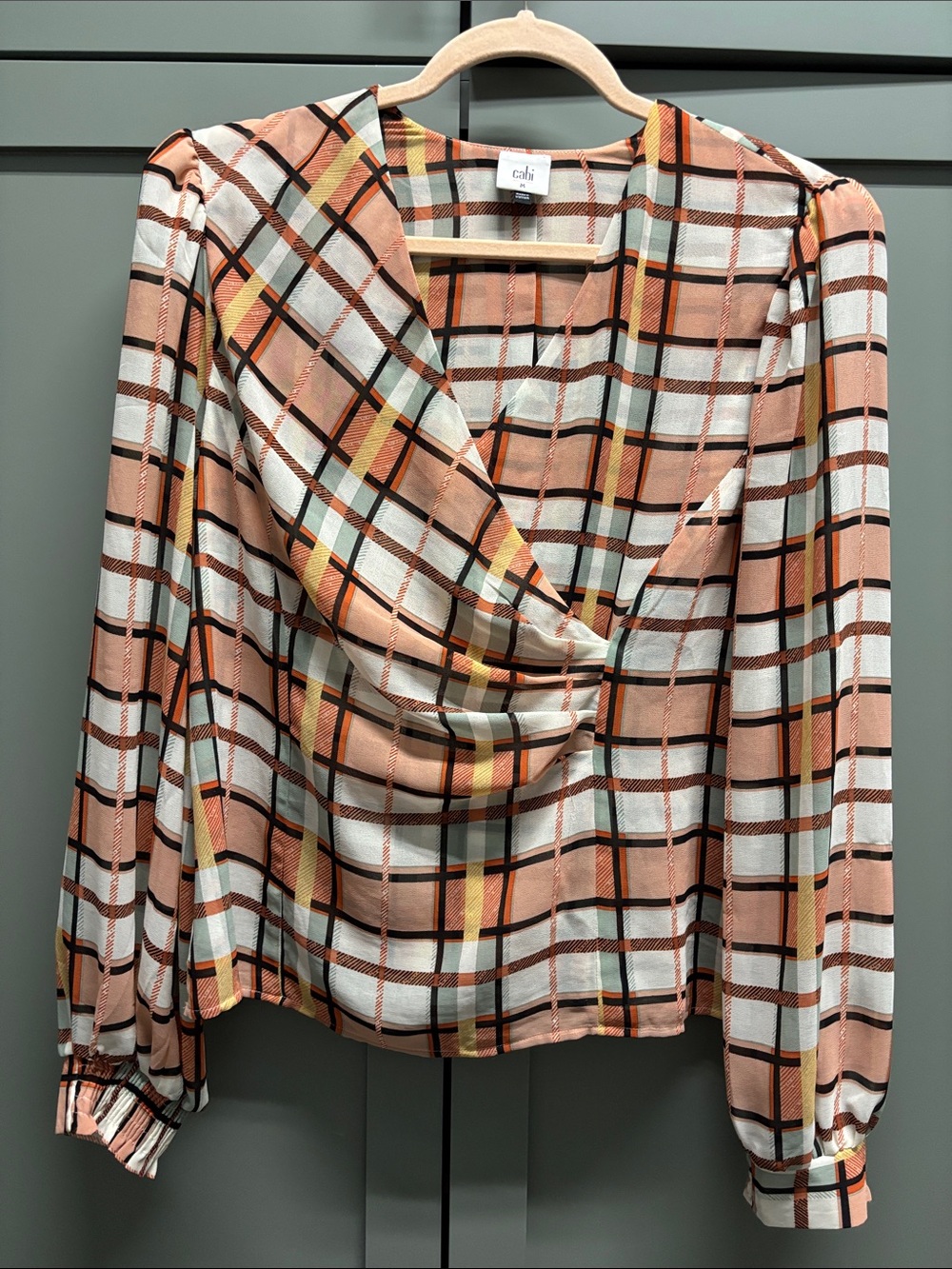 CAbi Peach Plaid V-Neck Draped Blouse with Yellow and White Checks